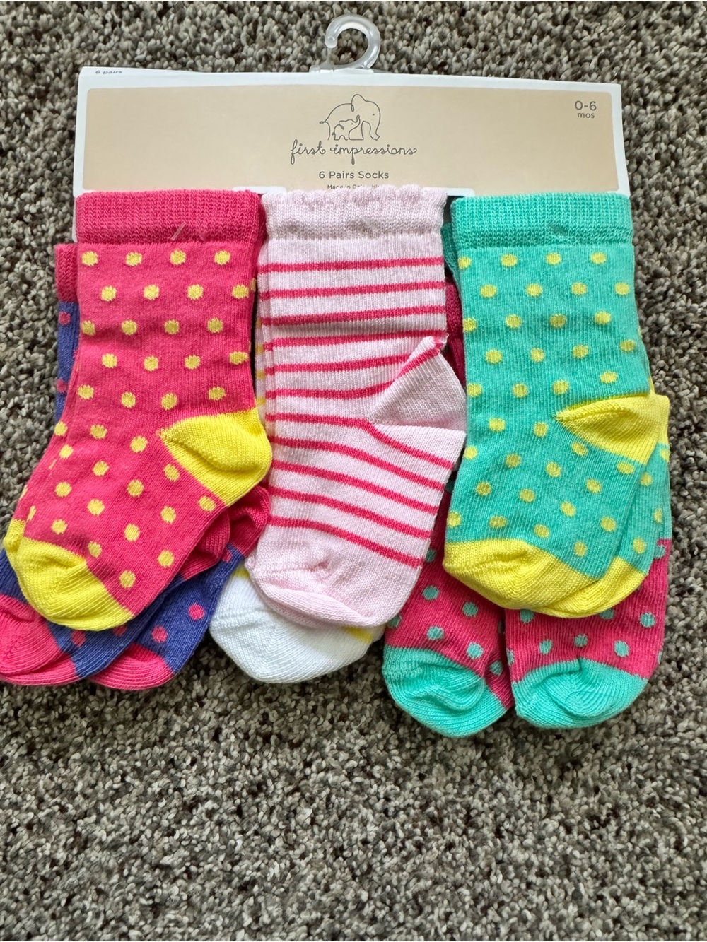 First Impressions Bright Pink, Teal & Yellow Polka Dot Baby Socks - 6 Pairs